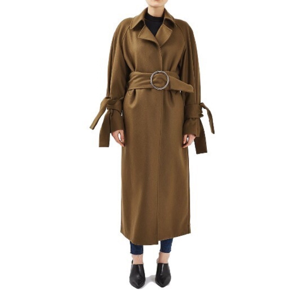 Topshop wool coat, tie bow sleeve, wide belt.